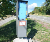 Blue spraypainted speed camera